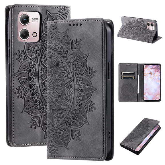 SaniMore for Motorola Moto G Stylus 5G 2023 Case, PU Leather Embosed Mandala Flower Wallet Protective Phone Cover Card Slots Pocket Purse Women Men Kickstand Vintage Shockproof Anti-fall Shell, Grey