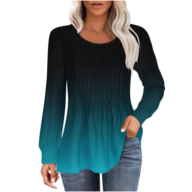 aidice Tops for Women Casual Round Neck Long Sleeve Ruched Shirts Comfy Fitting Gradient Color Tunic Tops
