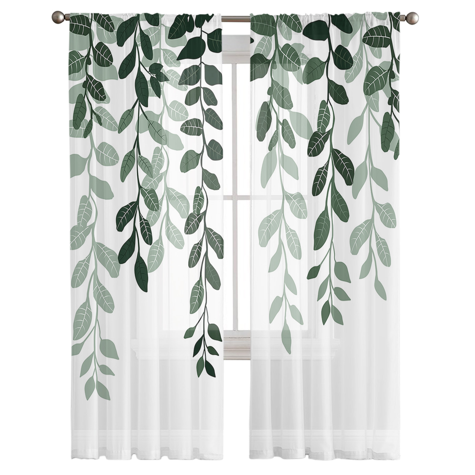 Sheer Curtains 108 inches Long, Plants Gradient Green Leaves Farmhouse Style Light Filtering Sheer Window Curtains Rod Pocket Voile Drapes for Bedroom Living Room, 52"W x 108"L 2 Panels