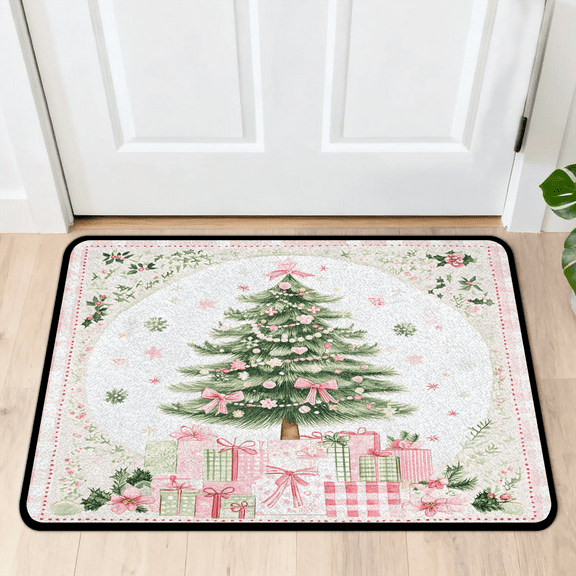 CURLYOOT Cute Xmas Tree Pinks Indoor Doormat, Non-Slip Absorbent Door Mat 24" x 16", Entrance Floor Mat Washable Entry Doormats for Entryway Front Back Door