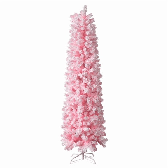 7.5FT Slim Pencil Christmas Tree Snowy Pink Flocked PVC 641 Branch Tips for Small Spaces Apartments Offices