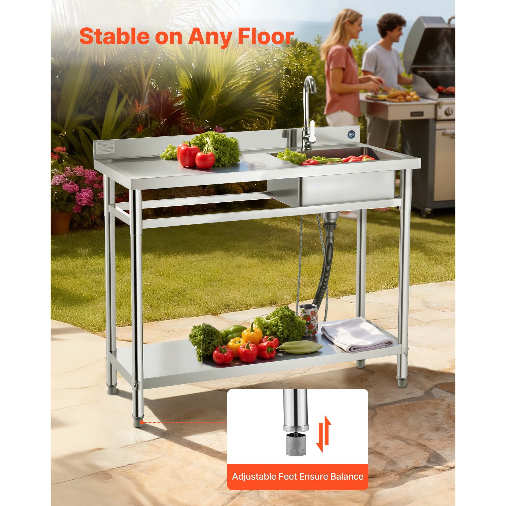 KFFKFF Stainless Steel Utility Sink, Freestanding Single Bowl Commercial Kitchen Sink with Faucet, Left-Side Basin Workbench with Hot and Cold Water Pipes for Garage, Restaurant, or Laundry Use