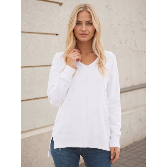 Aiyino Women's Casual Lightweight V Neck Batwing Sleeve Knit Top Loose Pullover Sweater Tops,White L