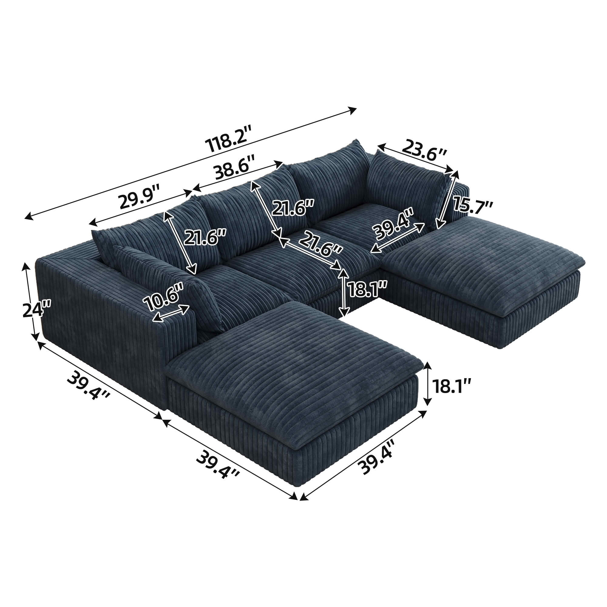 MAYEERTY 118.2" Cloud Corduroy Sofa, Deep Seat Double-Layer Design, Removable Cushion No Assembly, DIY Combination, Blue