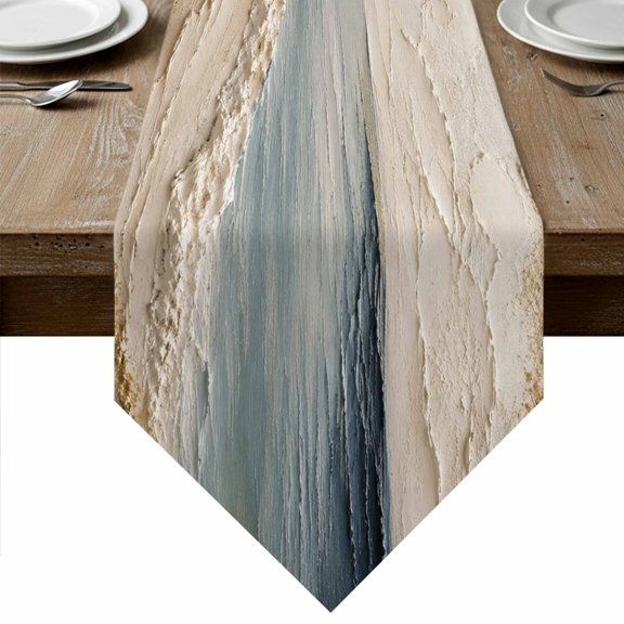 Blue Coastal Table Runner Linen Burlap Table Runner 72 Inches Long Abstract Brown Beach Vintage Modern Art Dresser Scarves for Kitchen Island Coffee Dining Room Party Holiday Decoration 14"x72"