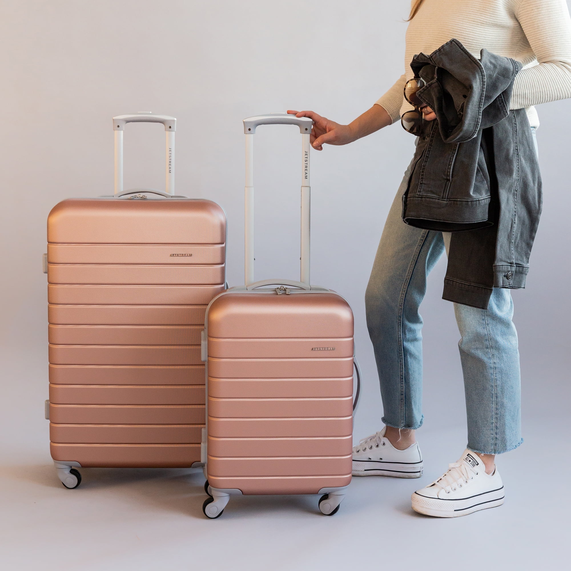 Jetstream 2pc Hardside Rolling Spinner Upright Set, Checked and Carry-on Luggage Duo, Rose Gold