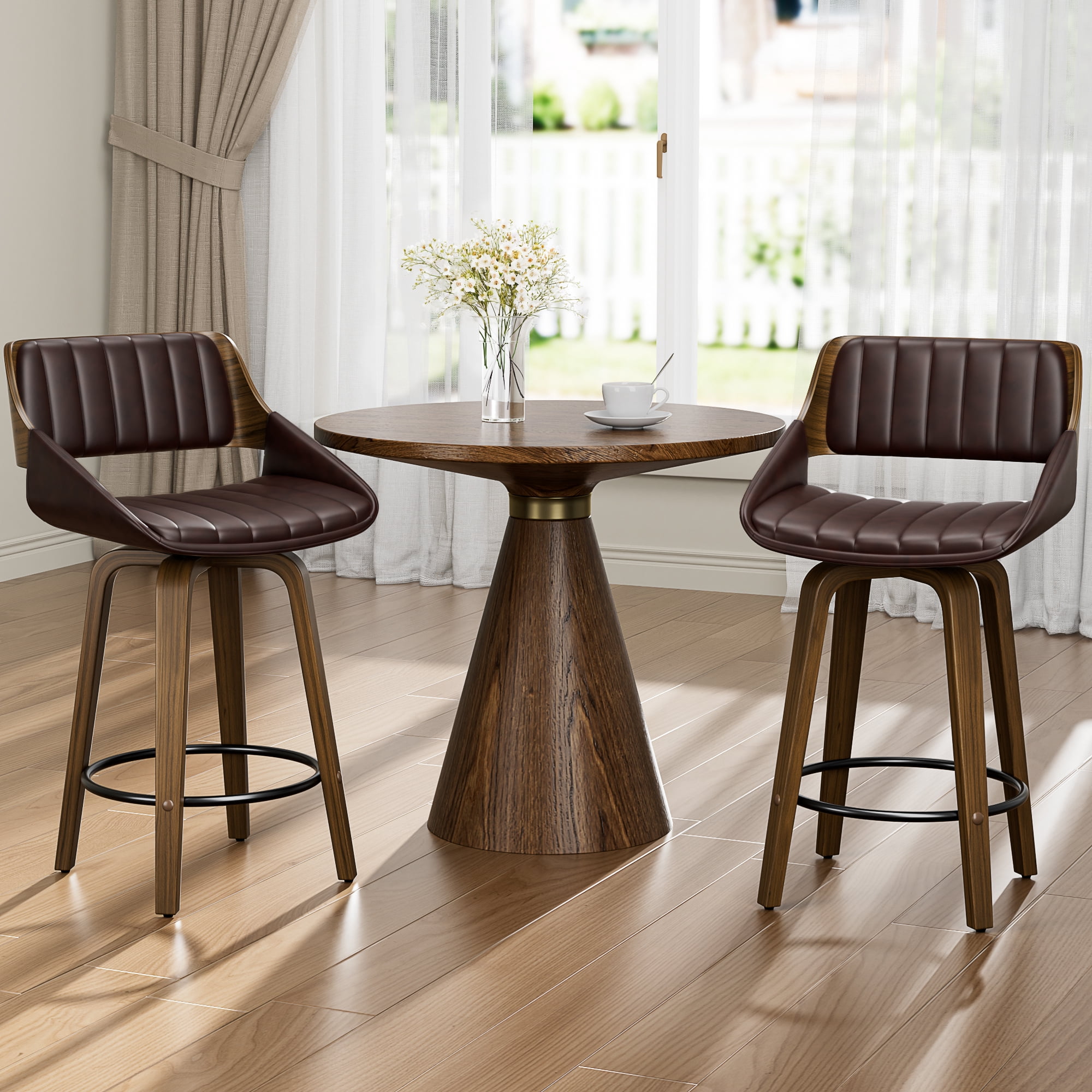 LainTene 26" Swivel Counter Height Bar Stool with Walnut Bentwood Frame, Faux Leather Seat & Footrest, Mid-Century Modern Chair for Kitchen Island, Bar, or Café (Set of 2)