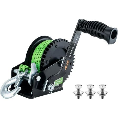 AC-DK 1600lbs Heavy Duty Boat Trailer Winch with 26FT Green Strap, 2-Way Ratchet & 4:1 Gear Trailer Winch, Portable Hand Crank Winch.