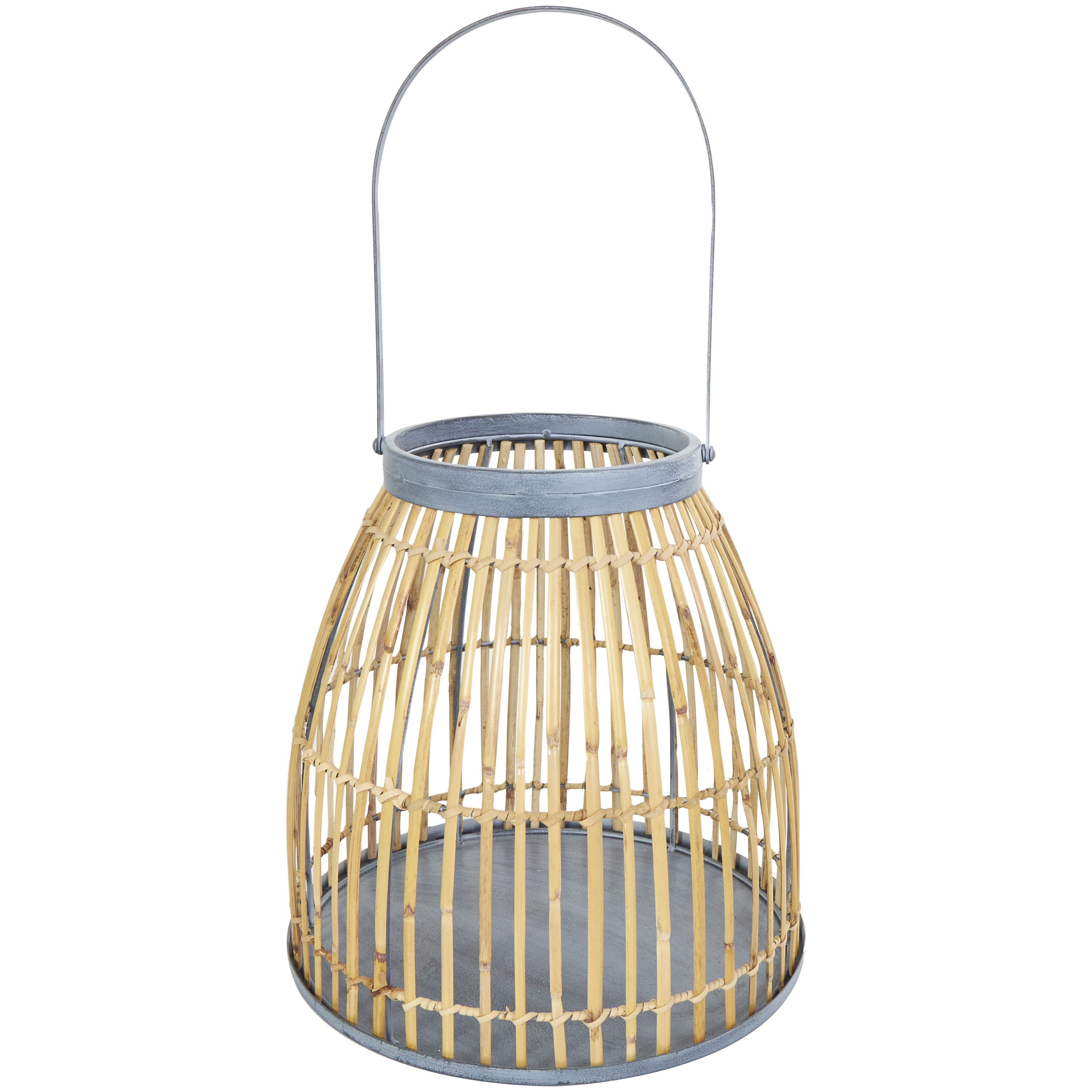 DecMode Brown Bamboo Handmade Woven Open Framed Caged Style Candle Lantern with Blue Metal Accents and Handle
