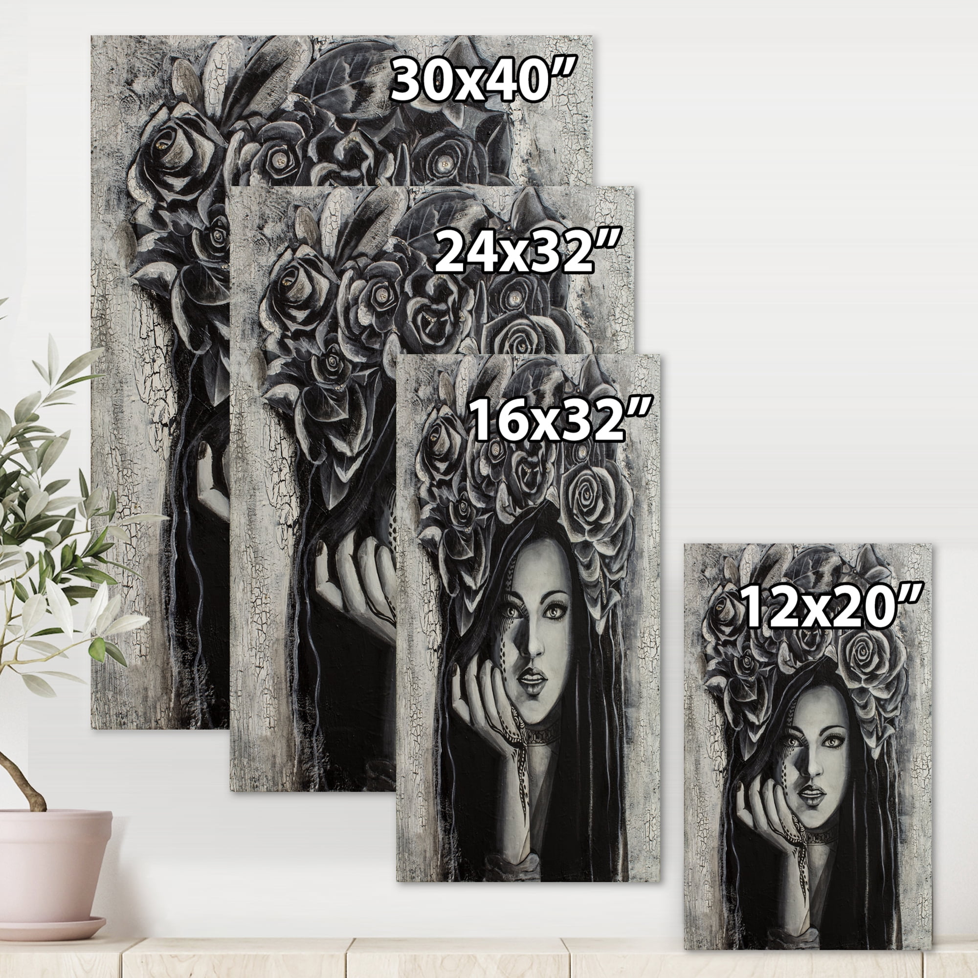 Designart ' Portrait Of A Young Woman With Flowers III ' Modern Canvas Wall Art Print