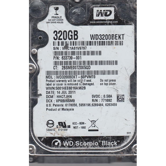 WD3200BEKT-60PVST0, DCM HHCTJHN, Western Digital 320GB SATA 2.5 Hard Drive