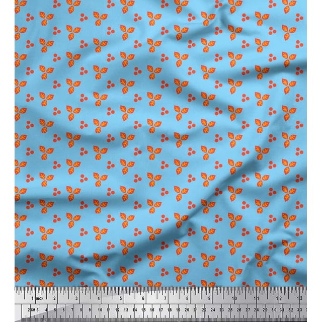 Soimoi Blue Japan Crepe Satin Fabric Dot & Leaves Print Fabric by the Yard 42 Inch Wide