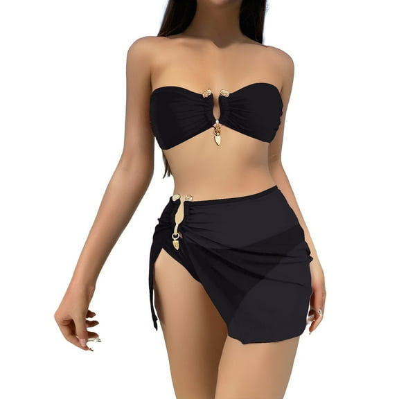 Yajing Women's 3 Piece Solid Bikini Set Swimsuit with Sarongs Cover Ups Beach Skirt Bathing Suit Black L Swimwear for Women