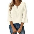 thumbnail image 2 of Qwertyu Womens 3/4 Sleeve Tops Cotton Linen Shirts V Neck Lace Casual Loose Fit Blouses Boho Fashion Vacation Clothes Beige M, 2 of 4