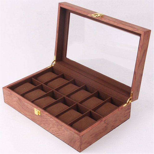 Caja de Reloj de Madera NQ Roja Retro Soporte de Exhibición de Reloj 12 Agujeros