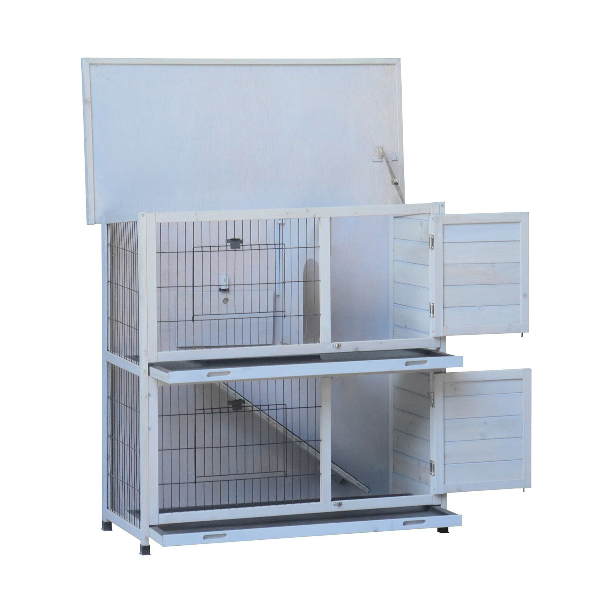 Pefilos 41" Rabbit Hutch Indoor with Tray, Bunny Hutch Outdoor 2 Story Wooden Rabbit House Guinea Pig Cages with Ramp, Gray Pefilos 41" Rabbit Hutch Indoor with Tray, Bunny Hutch Outdoor 2 Story Wooden Rabbit House Guinea Pig Cages with Ramp, Gray