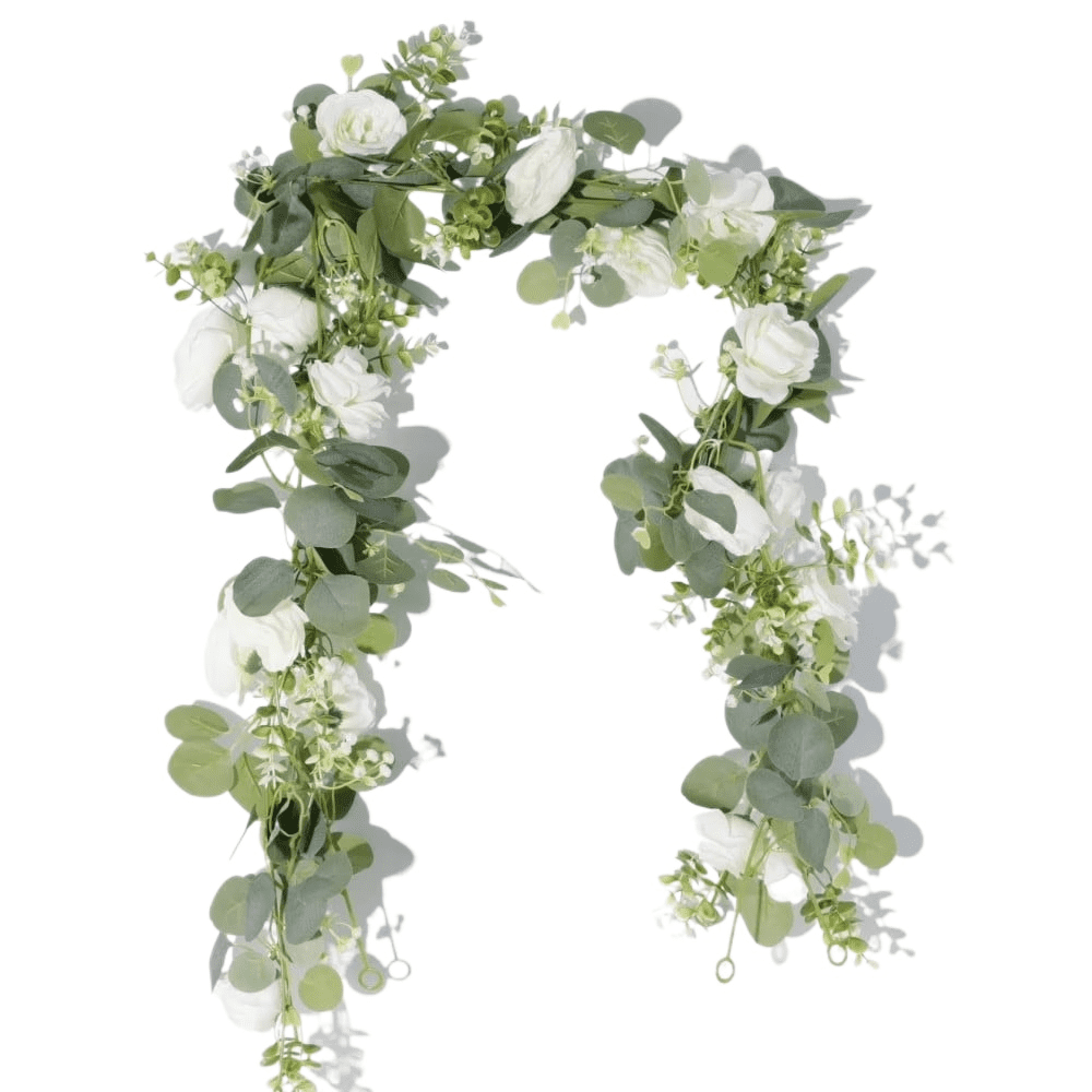 2Pcs(12 Ft) Artificial Eucalyptus Flower Garland with White Rose Flowers,Faux Rose Vine Gypsophila Greenery for Home Party Wedding Table Decor (White, 2PCS)
