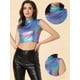 thumbnail image 2 of Top corto metálico Allegra K para Mujer camisetas Sin Mangas holográficas brillantes Color Plata Azul XL, 2 of 6