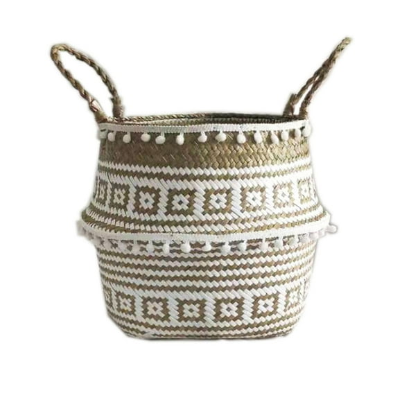 Qaailabf Handwoven Natural Seagrass Storage Basket Multipurpose Foldable Wicker Organizer for Kitchen Bedroom Bathroom Laundry Toys Blankets Clothes Beach Picnic Home Decor Rattan Plant Holder 22cm