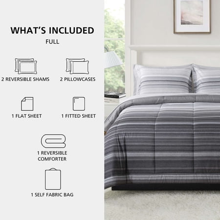 MAINSTAYS ALL IN ONE REVERSIBLE COMFORTER AND SHEET SET, 7-PIECE, FULL, GRAY STRIPE