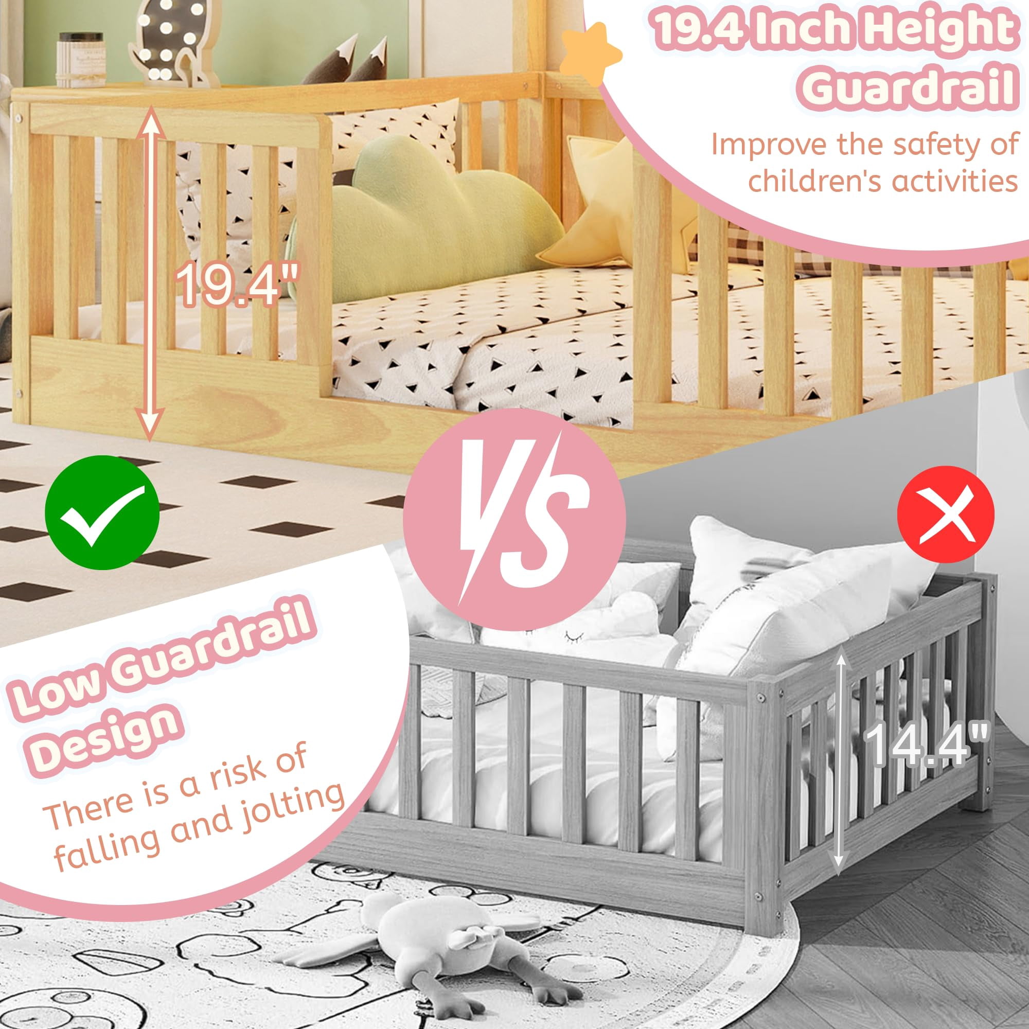 Full Size Montessori Floor Bed with High Rails, Wood House Beds Frame with LED Light, Low Profile Montessori Bed Full with Slats for Kids, Easy to Assembly, Full bed frames Natural