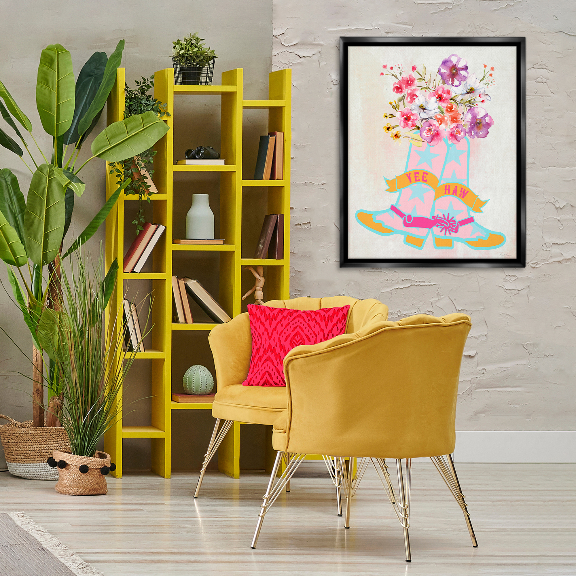 Stupell Industries Yee Haw Floral Cowgirl Plants & Flowers Painting Black Floater Framed Canvas Art Print Wall Art, 25 x 31
