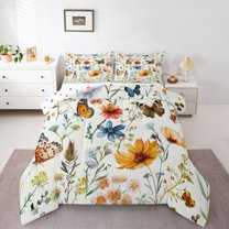 Feelyou Groovy Daisy Flower Queen Comforter Set, Spring Butterfly Bedding Set, 3pcs