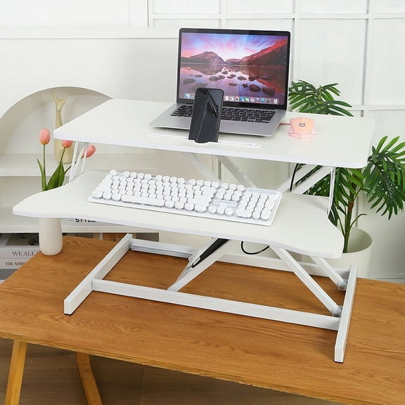 Oufan Standing Desk Converter, 32" Adjustable Sit to Stand Up Workstatio, Dual Monitor Desktop Riser with Wood Keyboard Tray for Home Office
