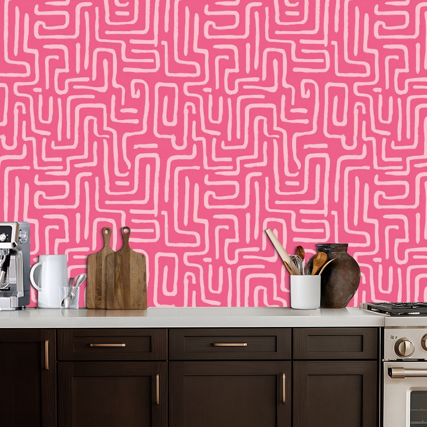 Peel and Stick Wallpaper Abstract Pink Curved Lines Wall Mural 17.7in x 9.8ft Self Adhesive Removable Wall Paper Renter Friendly Wallpaper for Nursery Bedroom Cabinets