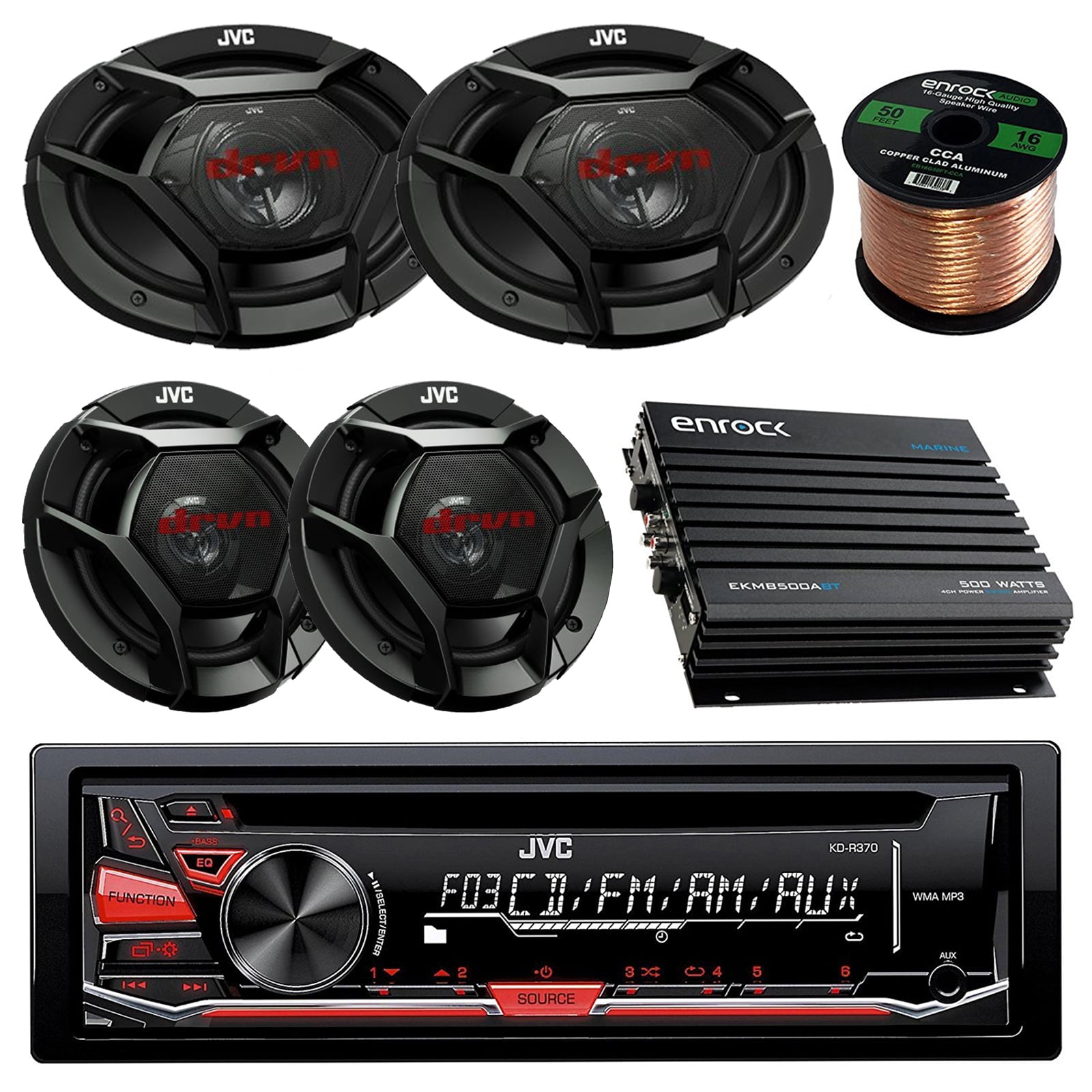 JVC KD-R670 CD MP3 WMA Player Stereo Receiver Bundle Combo With 4x JVC CS-DR620 6.5 Inch 300-Watt 2-Way Audio Coaxial Speakers Enrock 50 Foot 16 Guage Speaker Wire 