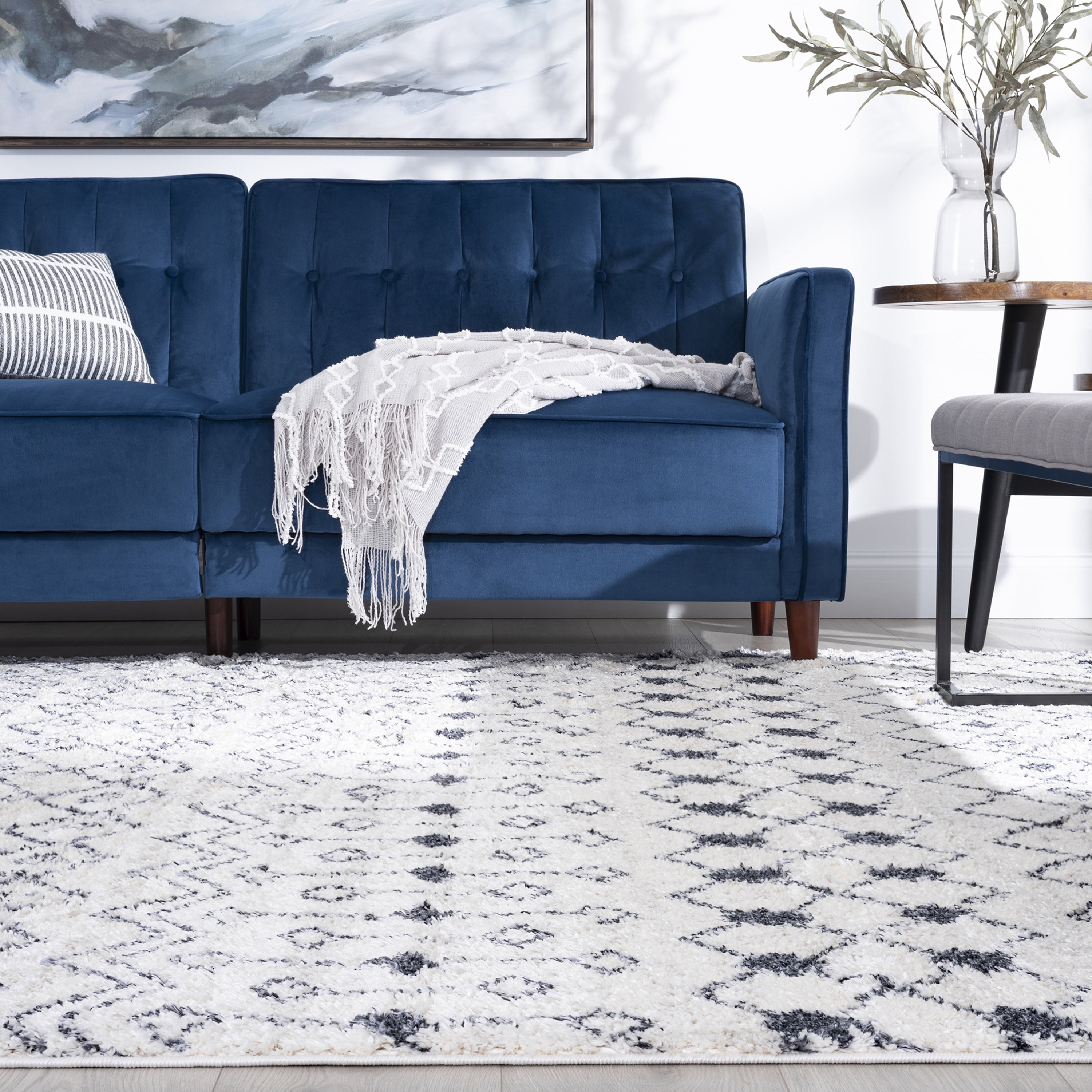 Shag 5x8 Area Rug Thick (5'3'' x 7'3'') Geometric Cream, Dark Gray Living Room Easy to Clean