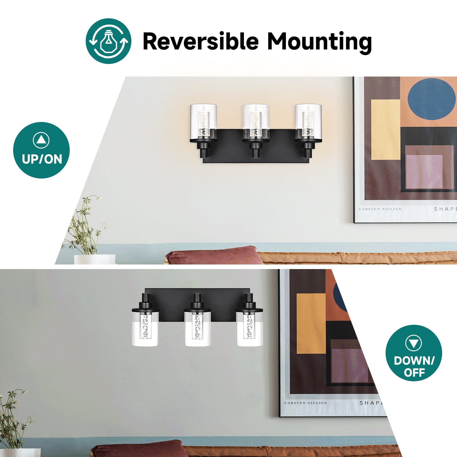 Melucee 5CCT Dimmable LED Black Vanity Lights 3-light, Modern Vanity Lighting Fixtures with Crystal Light Columns and Clear Glass for Bathroom Bedroom