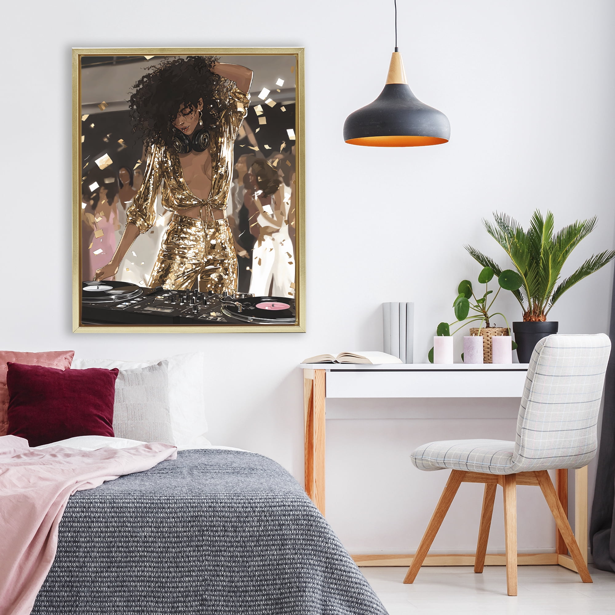 Stupell Industries Shimmering DJ in Sequins Gold Framed Floater Canvas Wall Art, design by Franklyn Gregory