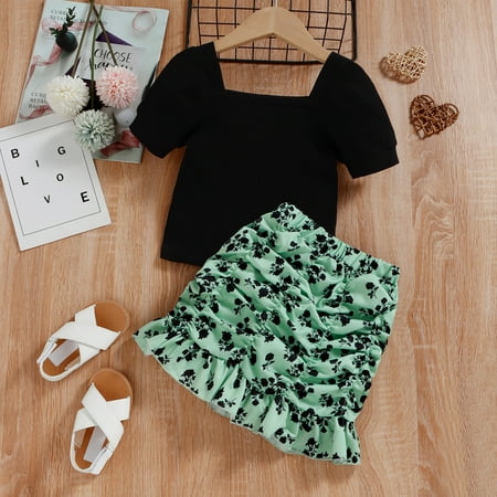

Hunpta Toddler Kids Girls Clothes Casual Beach Ribbed Short Sleeves Top Floral Skirt 2PCS Outfits Set