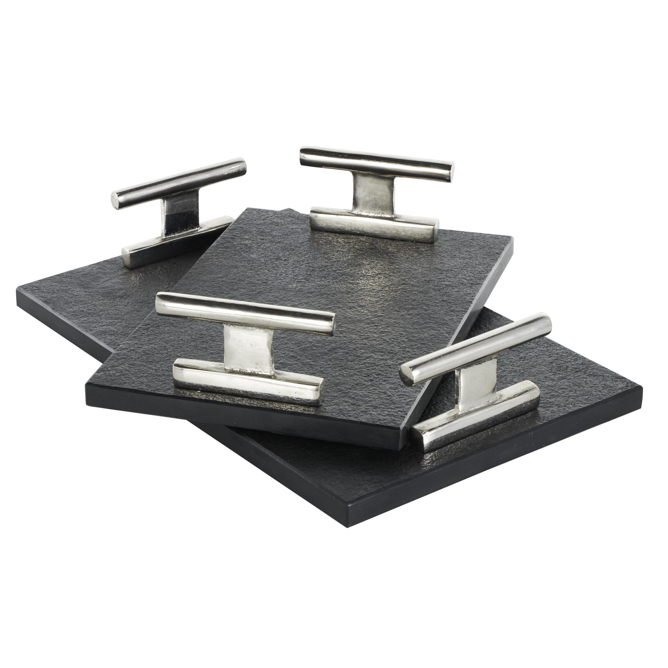 DecMode 15", 12"W Black Marble Textured Tray with Silver Handles, 2-Pieces