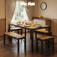 thumbnail image 6 of Aiho 63" Dining Table Set for 6, Kitchen Table with 2 Stools & 2 Benches, Wood Dining Room Dinette Sets with Metal Frame for Breakfast Nook and Small Space - Brown, 6 of 7