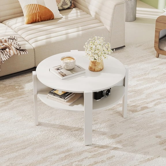 Sunshen Round Coffee Table, 29.5” 2-Tier Circle Cocktail Center Table with Storage Shelves, for Small Spaces, Living Room (White)