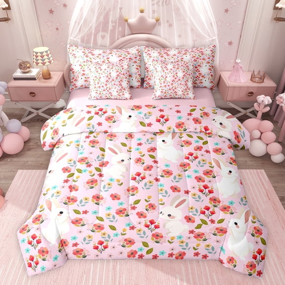 Castle Fairy Cute Rabbits Flowers Twin Bedding Sets 7-Piece for Children Teens,Spring Garden Floral Bedding Comforter Set Microfiber,Dreamy Princess Breathable Sheet Sets,Lightweight Room Decor
