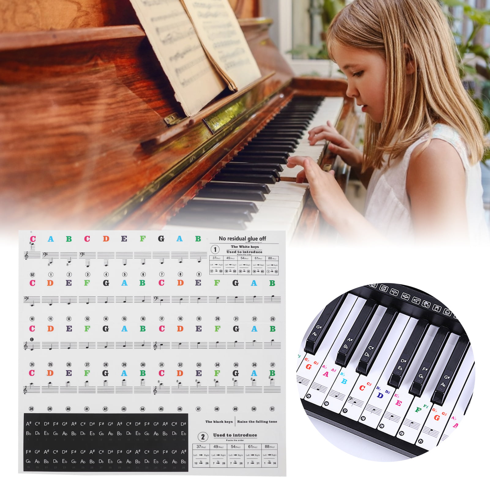 Piano Sticker, Transparent Pvc Material Sheet Music Stickers For  Hand-Rolled Pianos For Electronic Organs Color Letters 