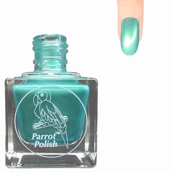 Parrot Polish Shimmer Nail Polish, Quick Dry Metallic Teal Green Fingernail Lacquer, Long Lasting Chrome Nail Enamel, Evergreen Kisses, 0.5 Fl Oz