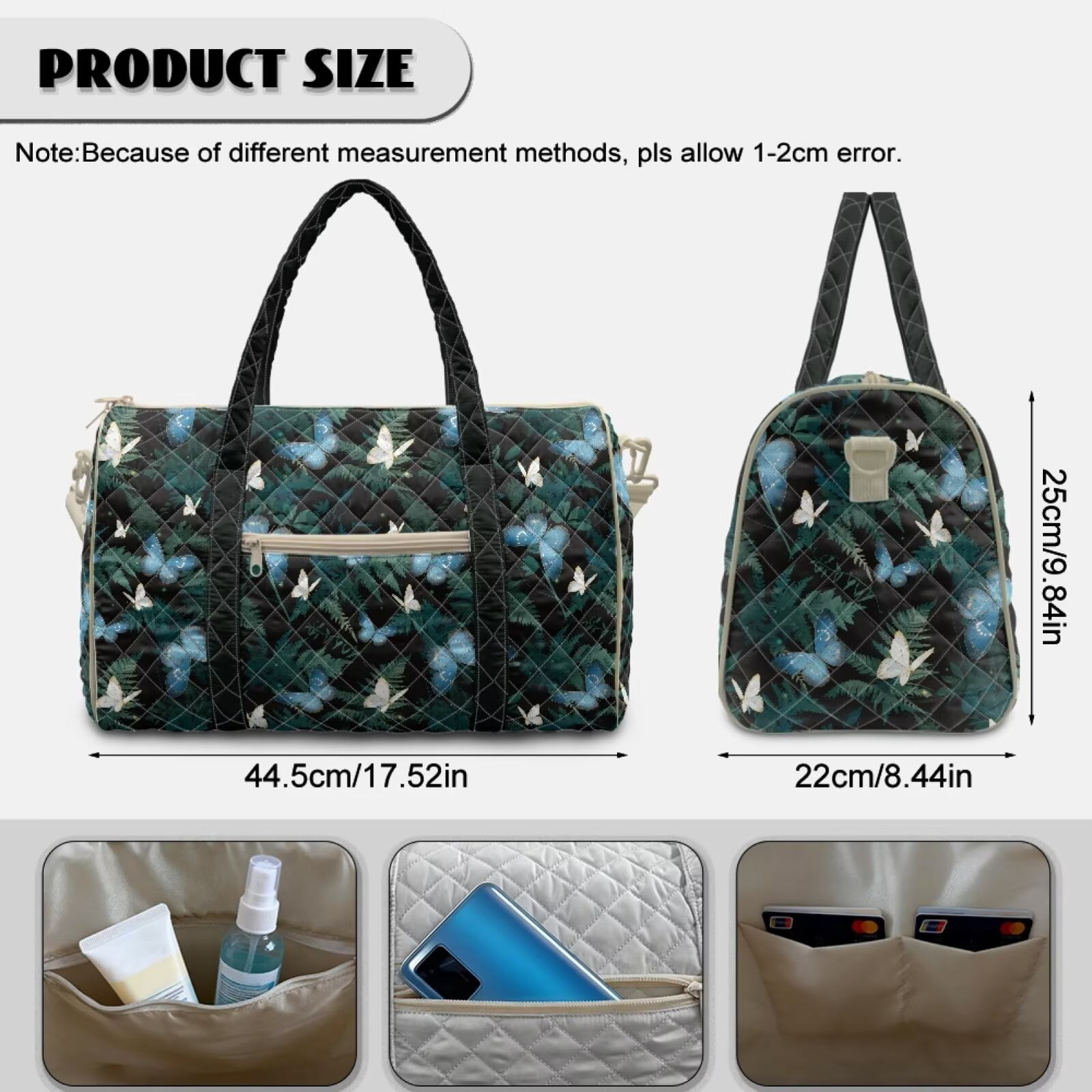 Chririnla Butterfly & Green Fern Pattern Travel Duffle Bags for Women Stylish Gym Bag with Luggage Handle Strap & Multi-Pockets Fits Weekends