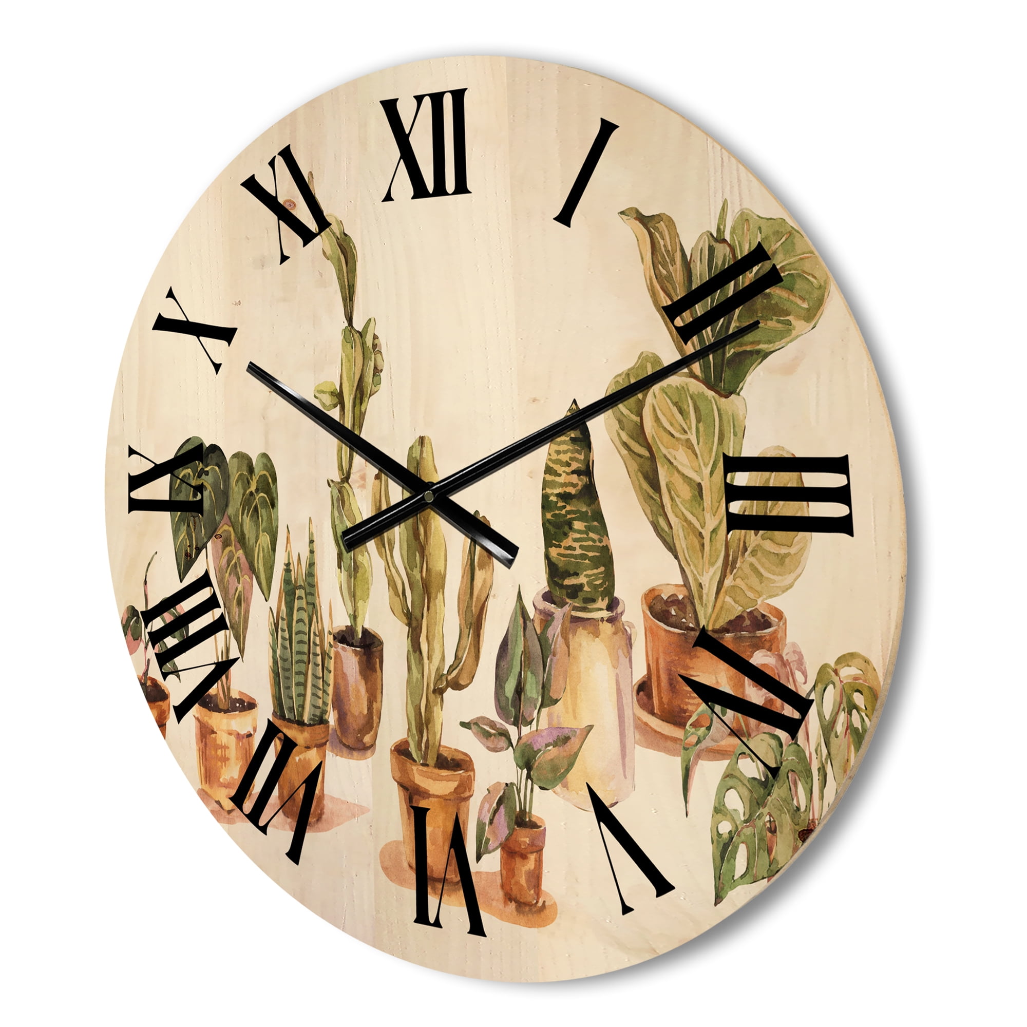 Designart 'Indoor House Plants Urban Jungle in Flowerpots I' Traditional Wood Wall Clock