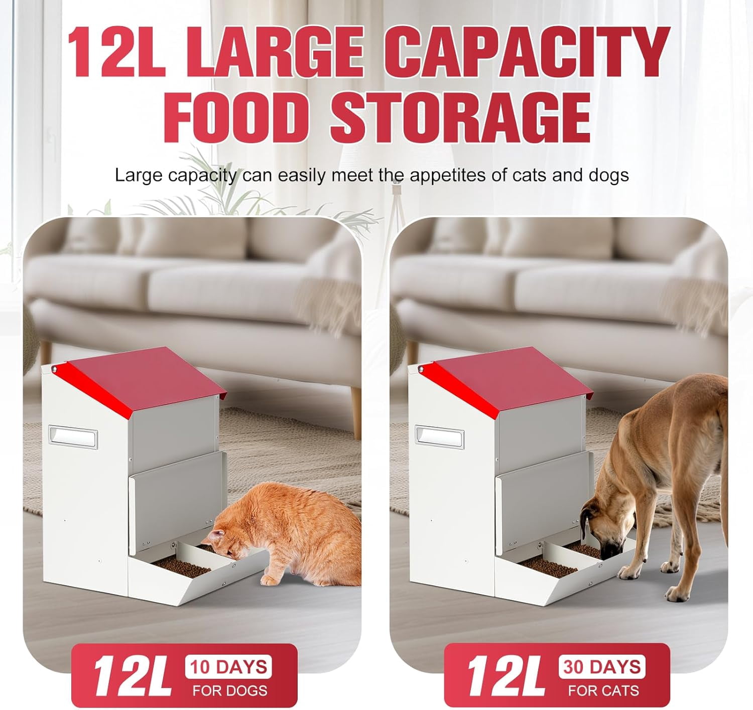 Automatic Cat Feeder 2 Cats,50cups/12L Automatic Pet Feeders Large Capacity Outdoor Galvanized Steel Multiple Cats Feeder Gravity Dog Dry Food Dispenser with Lid