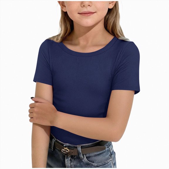 KPOPLK Kids Girls Pleated T Shirts Kids Summer Short Sleeve Cute Graphic Print Fashion Tops Tees Size 11-12 Years,Navy