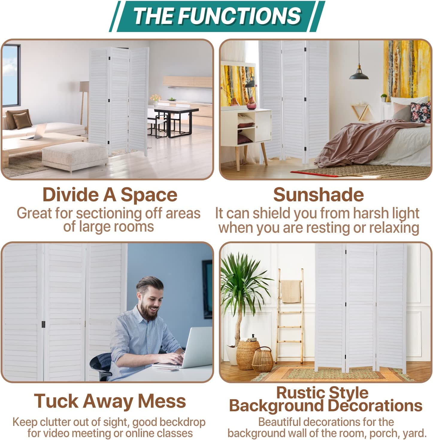 NiamVelo 3 Panel Wood Room Divider 67.7" Tall Folding Privacy Screen Wall Divider for Home Office, White