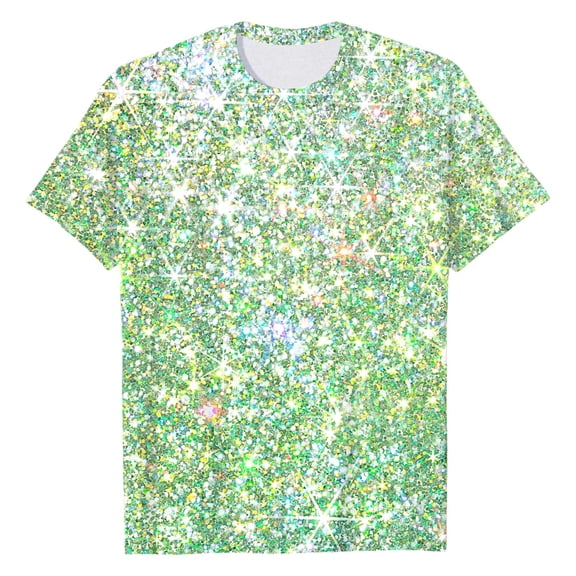 Arlun Carnival Sparkle Short Sleeve T-Shirts for Women Holiday Party Night Sequin Printed Crewneck Pullover Top Casual Dressy Loose Fit Comfortable Glitter Shirts 12-Light Green XL