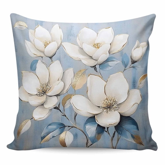 Throw Pillow Covers 20x20 Inch, White Floral Decorative Pillow Cases for Couch Sofa Bed, Blue Botanical Flowers Branches Plants Cotton Linen Square Home Decor Pillowcases with Hidden Zipper