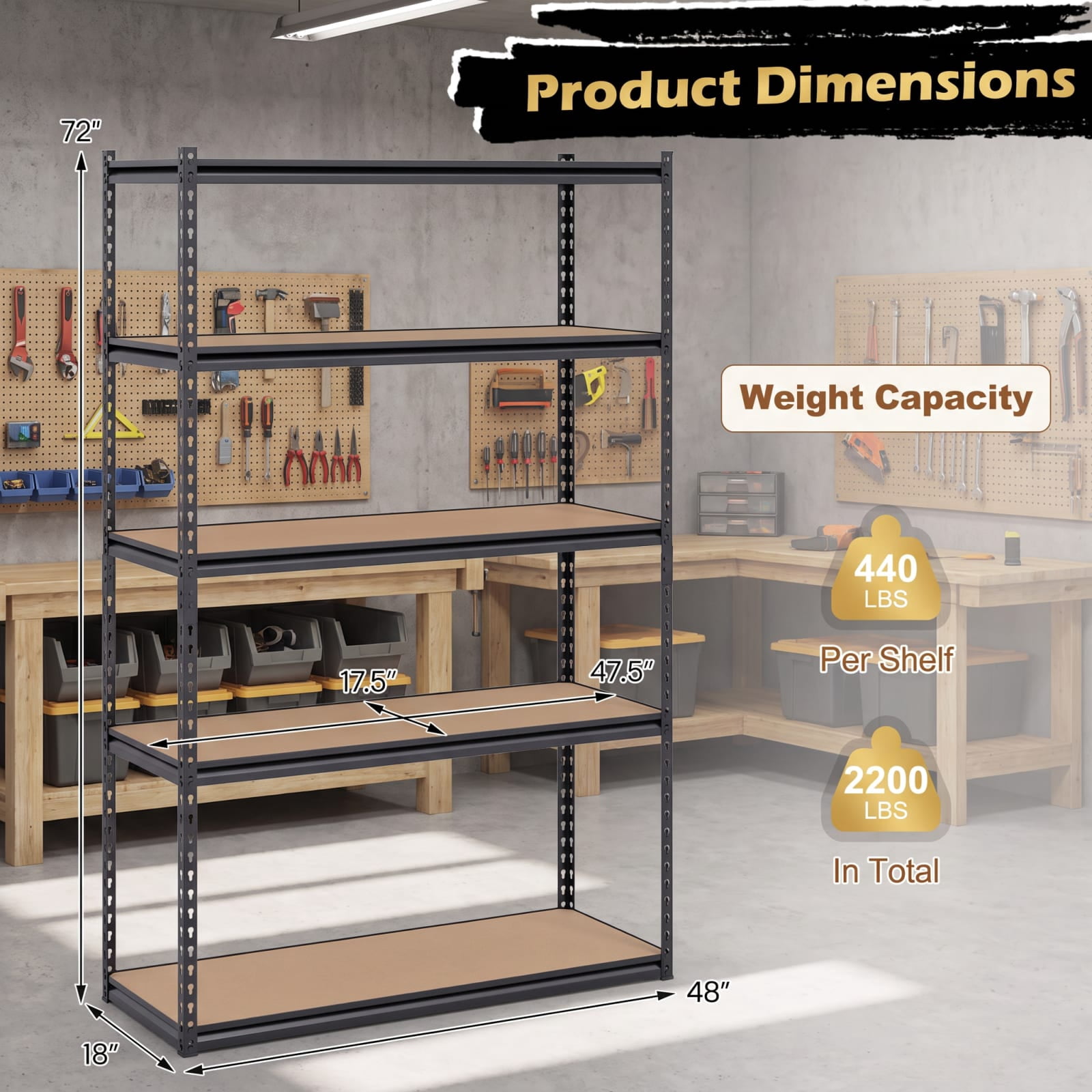 Biotree 5-Tier Metal Shelving Unit 2200 lbs Capacity with Adjustable Shelves 30" × 12" × 60" for Warehouse Basement, Black