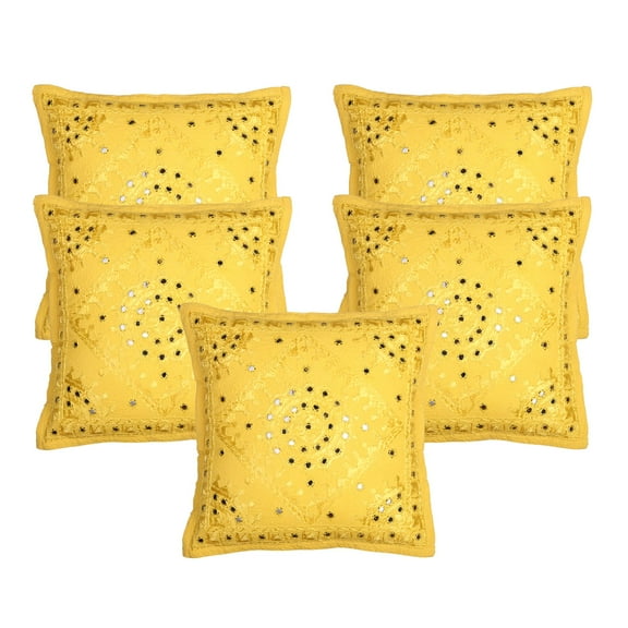 Stylo Culture Indian Decorative Throw Pillow Covers 16 x 16 Hand Embroidered Yellow Boho 40 x 40 cm Home Decor Cotton Mirrored Square Cushion Covers | Set Of 5