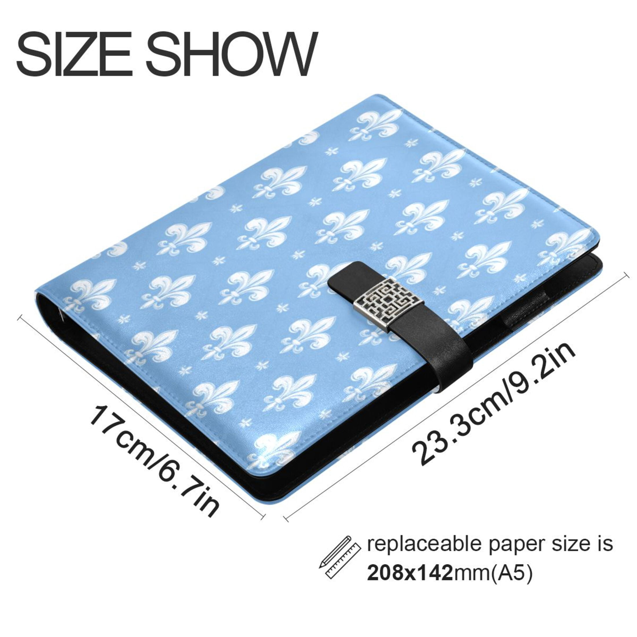 Leather Planner Leather Notebook Notebook Journal Binder Design Pen Pocket Design Convenient for Storage Fleur De Lis Sky Blue Motif